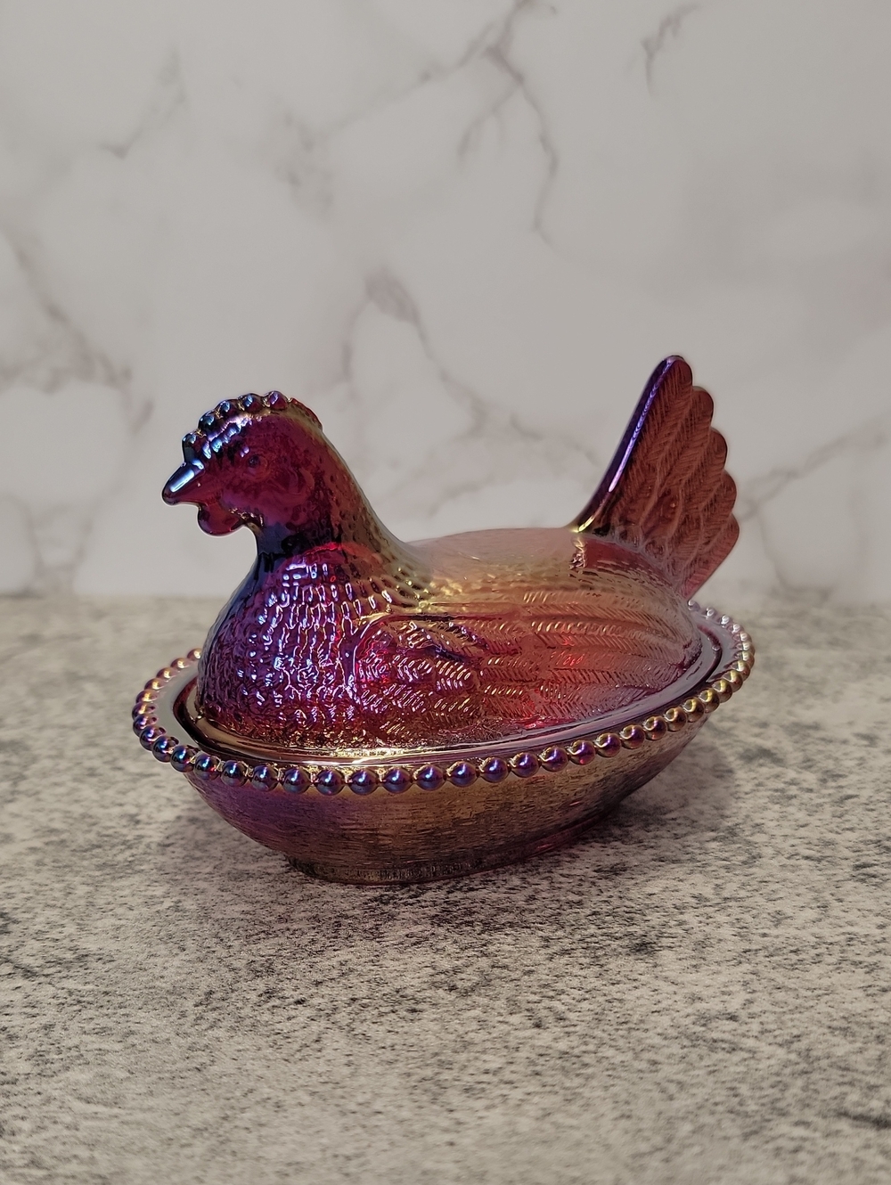 Red Carnival Glass Hen on a nest